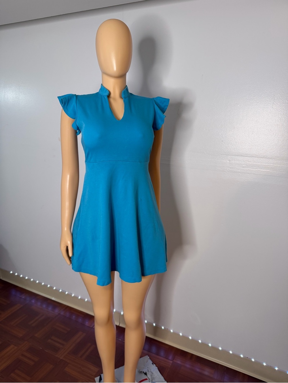 New York & Company Teal Fit-and-Flare Dress with Flutter Sleeves